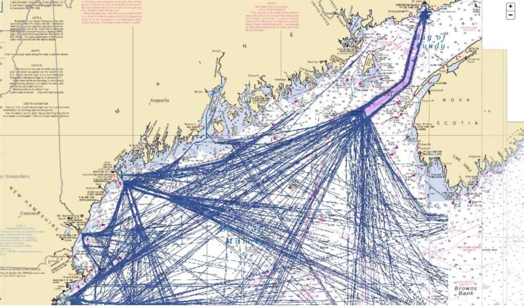 A map showing tanker routes through the Gulf of Maine.