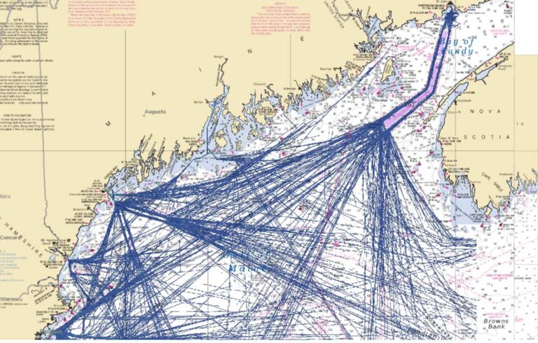A map showing tanker routes through the Gulf of Maine.