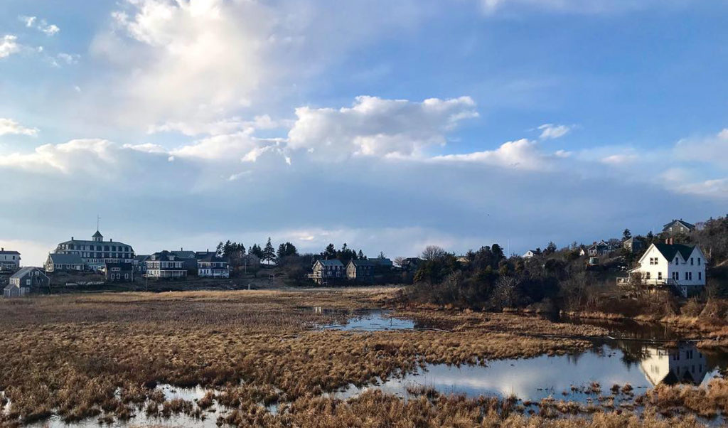 Sunny sky over Monhegan meadow.