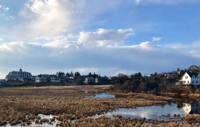 Sunny sky over Monhegan meadow.