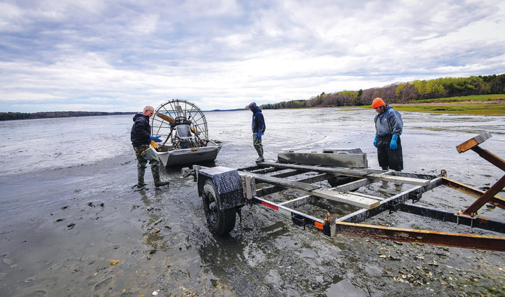 Launching an airboat in Maquoit Bay.