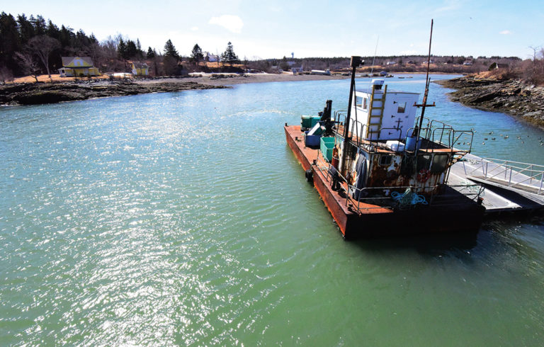 A barge  moored in Bucks Harbor.