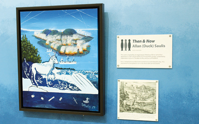  Then & Now, a painting by Allan (Duck) Saulis, imagine how Native people hunted on what today is Mount Desert Island.