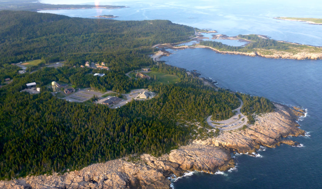 An aerial view of the tip of Schoodic Peninsula.