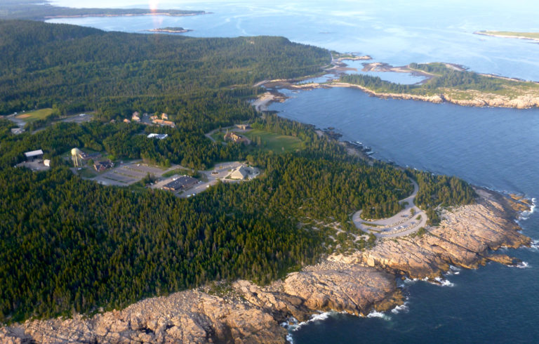 An aerial view of the tip of Schoodic Peninsula.
