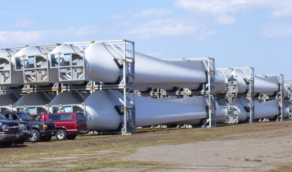 Wind turbine blades stacked at the Port of Eastport.