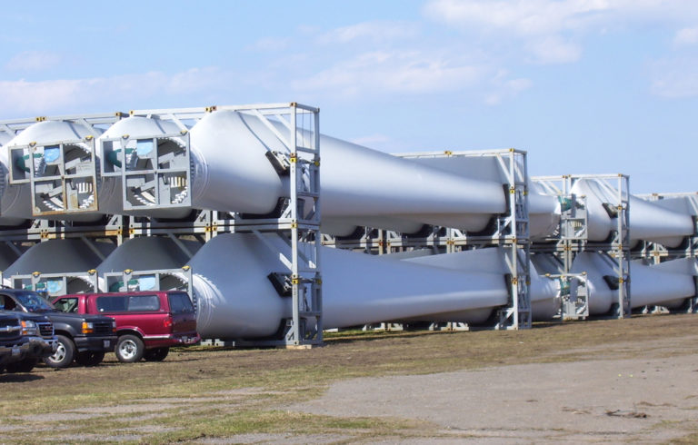 Wind turbine blades stacked at the Port of Eastport.