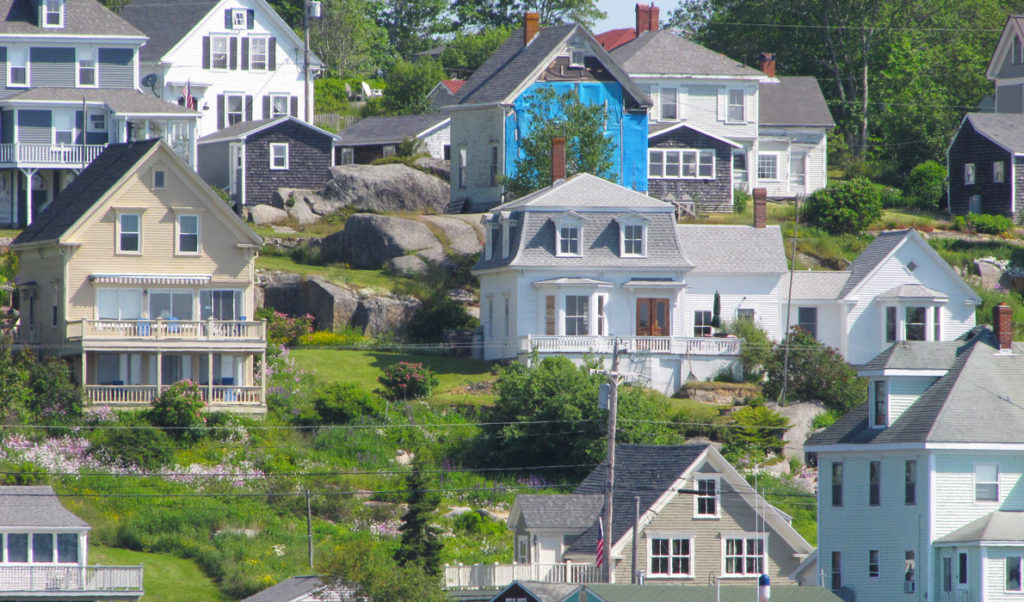 Houses clustered on the hillside in Stonington.