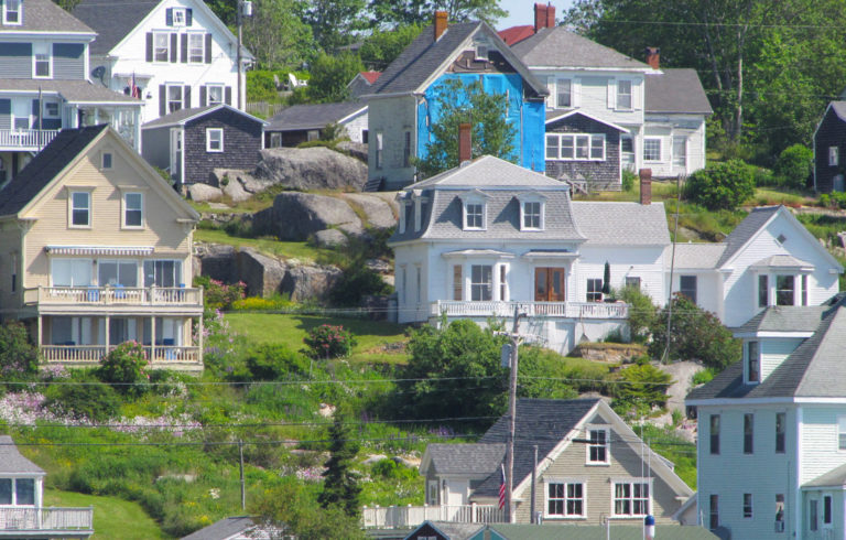 Houses clustered on the hillside in Stonington.