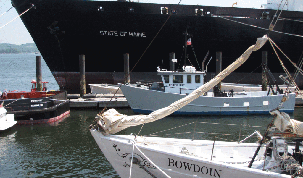 Maine Maritime Academy vessels docked at the campus in Castine.