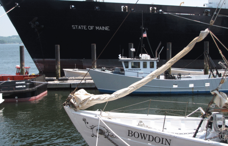 Maine Maritime Academy vessels docked at the campus in Castine.