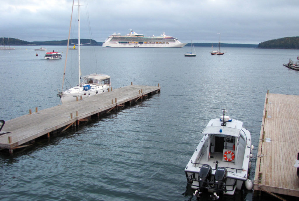 A view from the town landing—and not the former ferry terminal—of a cruise ship off Bar Harbor.