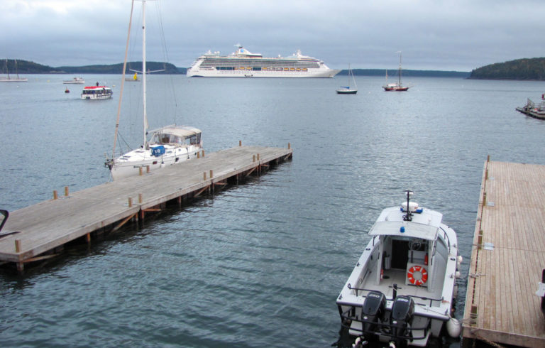 A view from the town landing—and not the former ferry terminal—of a cruise ship off Bar Harbor.