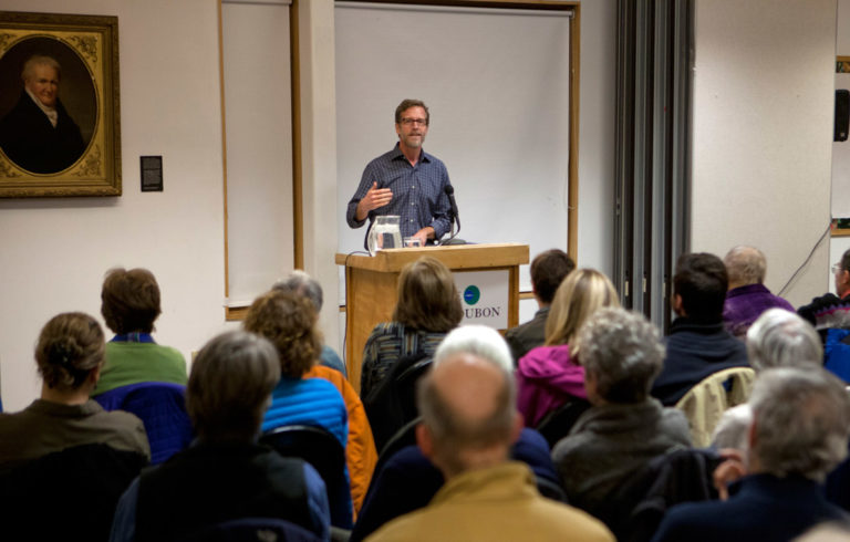 Joel Clement speaks in Falmouth.