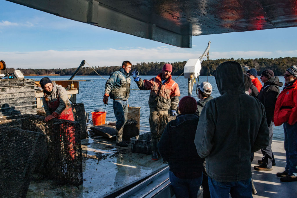 Participants in the Island Institute's Aquaculture Business Development program visit Basket Island Oyster Company during Industry Day in December.