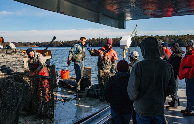 Participants in the Island Institute's Aquaculture Business Development program visit Basket Island Oyster Company during Industry Day in December.