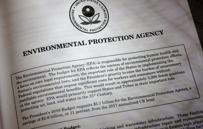 Proposals for the Environmental Protection Agency in President Donald Trump's first budget are displayed at the Government Printing Office in Washington on Thursday.