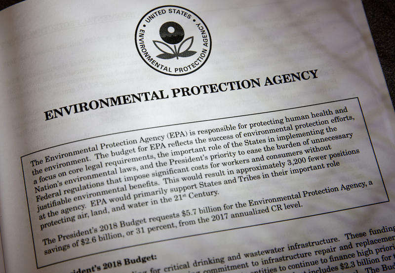 Proposals for the Environmental Protection Agency in President Donald Trump's first budget are displayed at the Government Printing Office in Washington on Thursday.