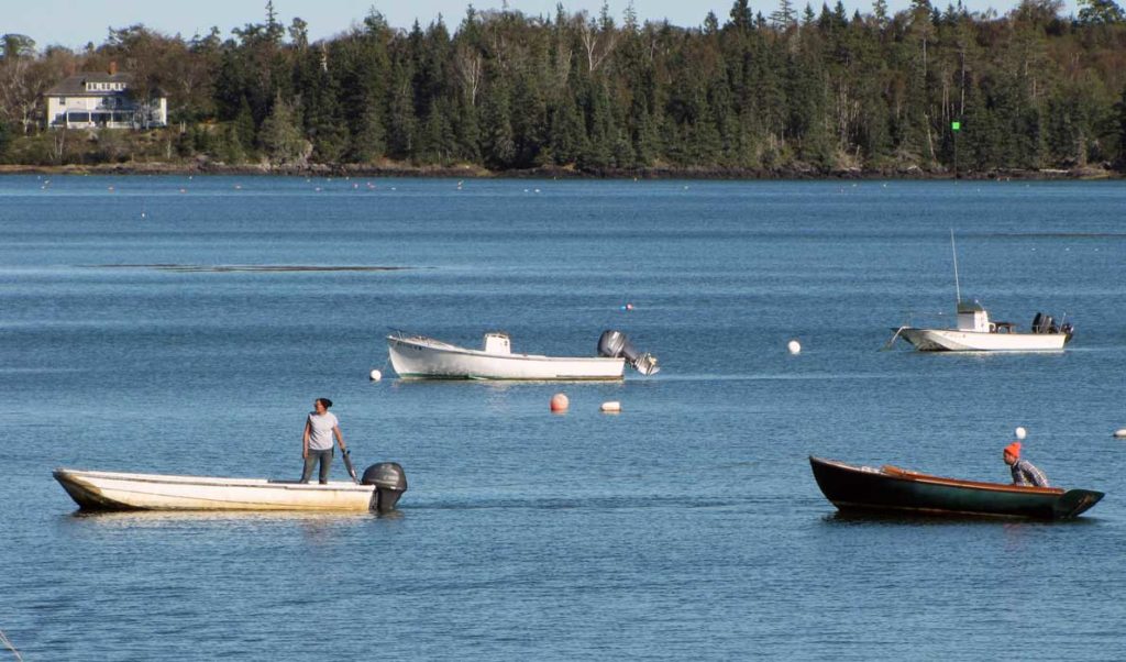 One fishermen uses a skiff to tow a skiff with another fisherman in the Fox Islands Thorofare.