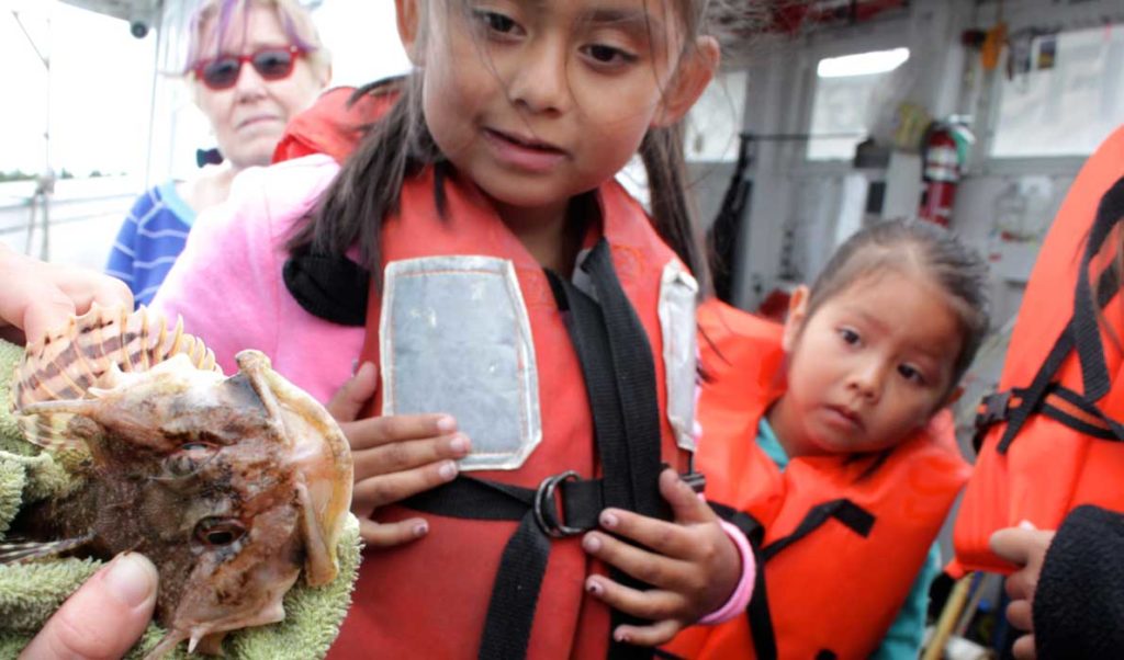 Students from the Blueberry Harvest School learn about sustainable fisheries during an August 2014 trip in Frenchman Bay.