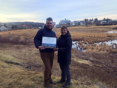 Andrew Dalrymple, left, Monhegan Plantation’s second assessor, as well as president of the Monhegan Water Company and project manager for Monhegan sea level rise planning efforts, and Tara Hire, former Monhegan Plantation first assessor and current Commun