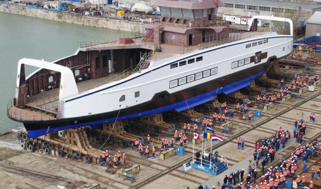 A hybrid diesel-electric ferry prepared for launch to serve isalnds in British Columbia.