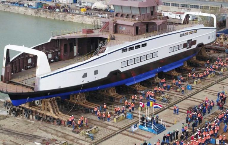 A hybrid diesel-electric ferry prepared for launch to serve isalnds in British Columbia.