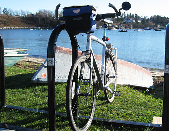 A bike rack near the shore in Harpswell.