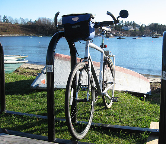 A bike rack near the shore in Harpswell.