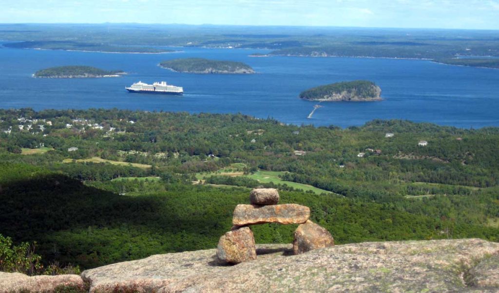 A cruise ship seen from the North Ridge Trail on Cadillac Mountain.
