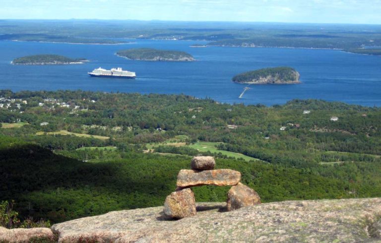 A cruise ship seen from the North Ridge Trail on Cadillac Mountain.