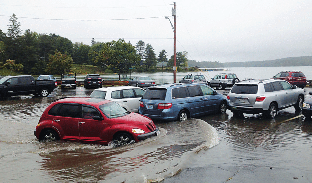 The town parking lot after a storm surge in 2015 storm.