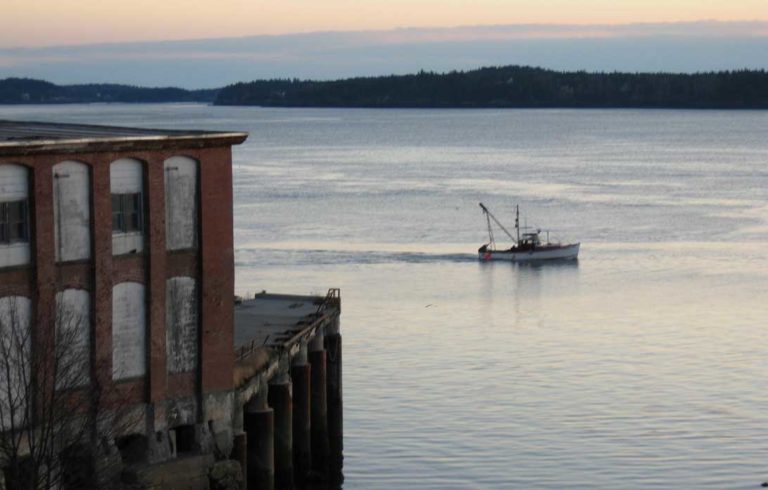 A fishing boat heads out at dawn in December from Eastport.