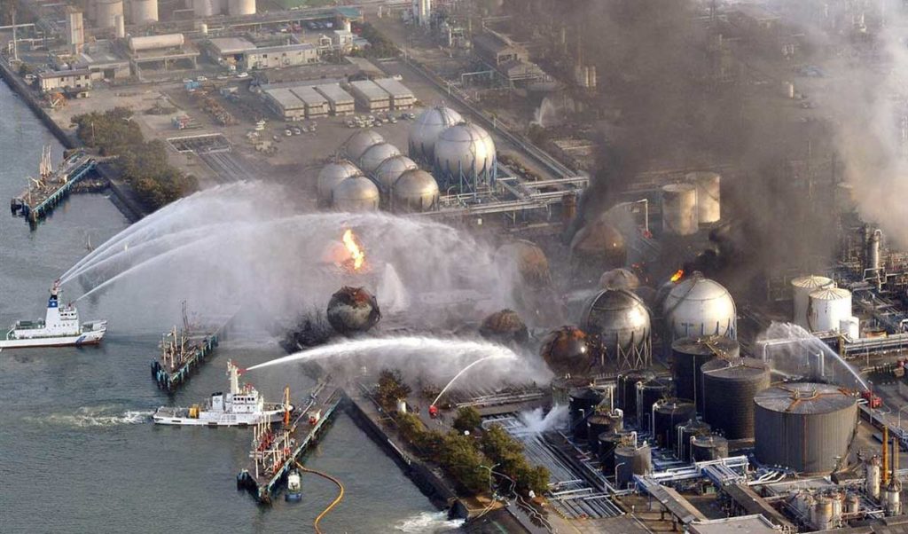 The Fukushima nuclear plant in flames.