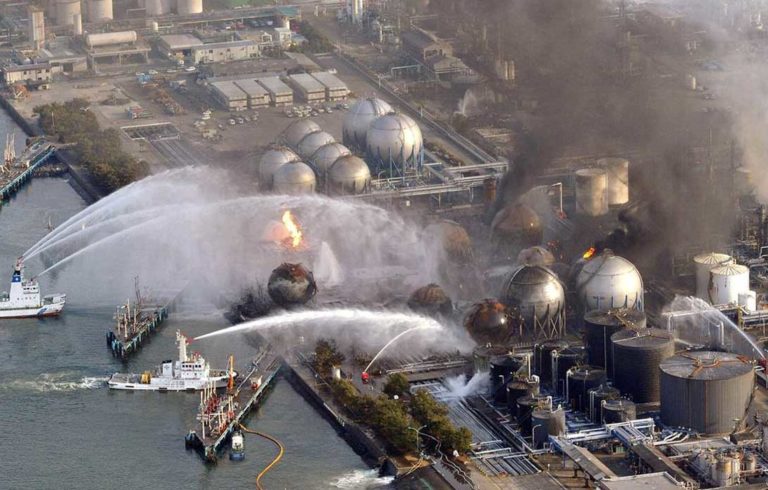 The Fukushima nuclear plant in flames.