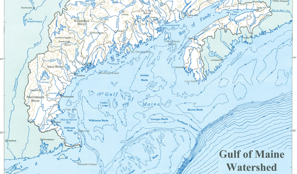 A map showing part of the Gulf of Maine's watershed.