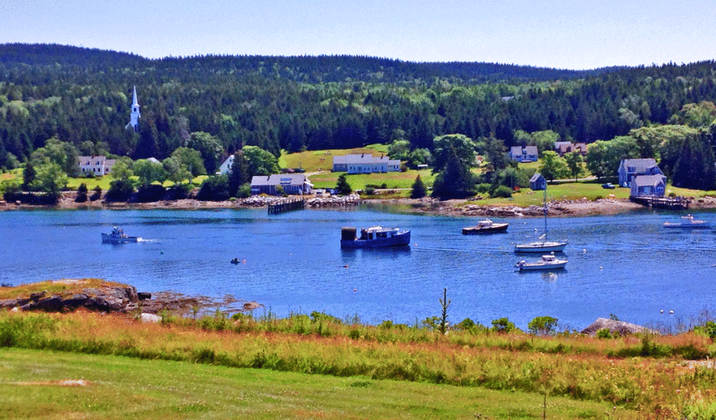 The church on Isle au Haut as seen across the thoroughfare.