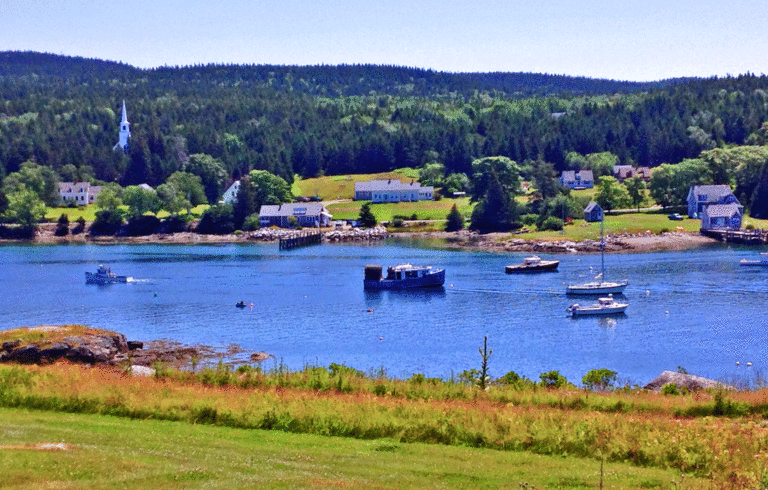 The church on Isle au Haut as seen across the thoroughfare.