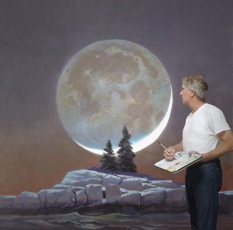 Greg Mort painting "Island Worlds" in his Port Clyde studio