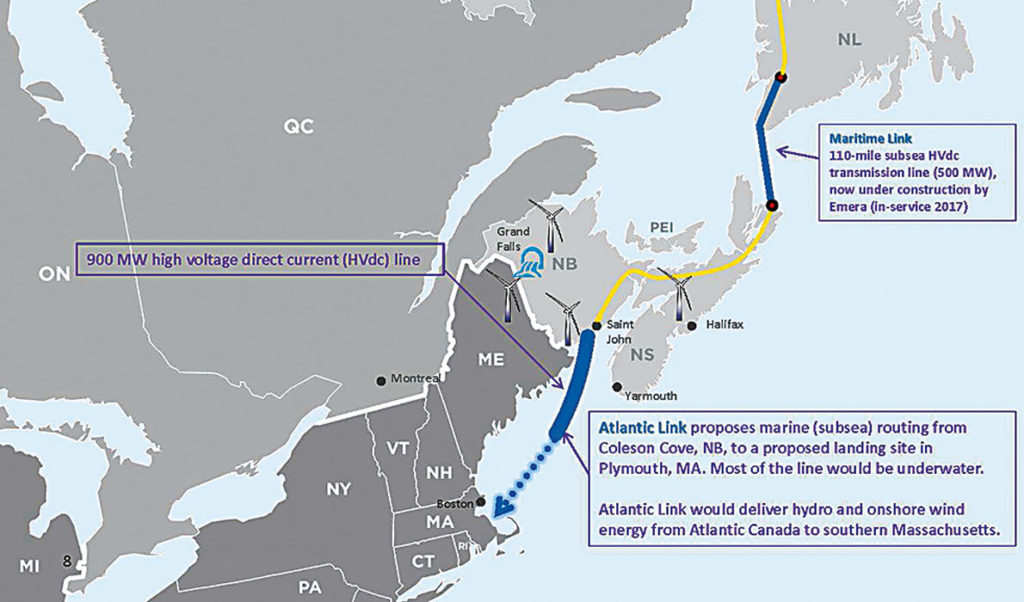 The map shows the approximate route the undersea electric cable will follow from hydro and wind power projects in northern Maine