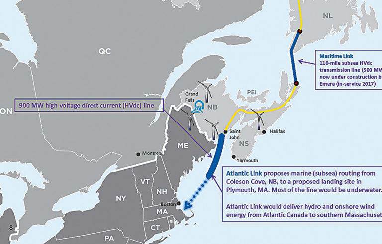 The map shows the approximate route the undersea electric cable will follow from hydro and wind power projects in northern Maine