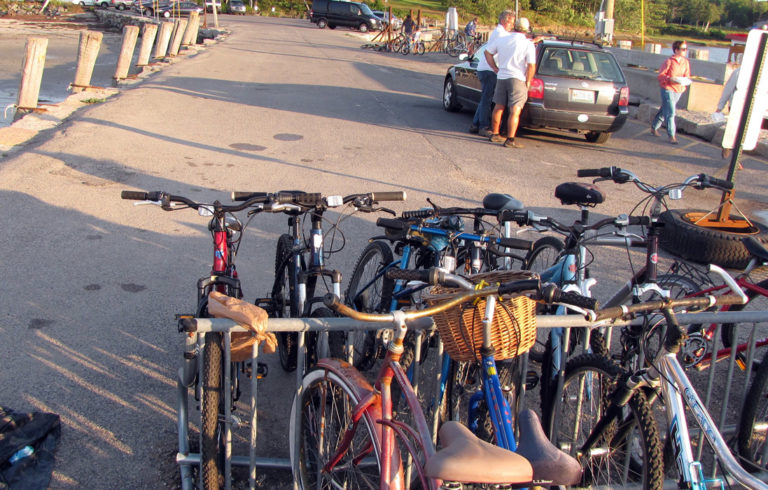 Bicycles in a rack on Chebeague Island's Stone Pier.