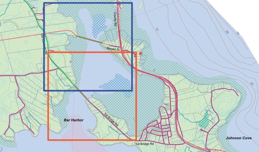 The map shows two possible routes for a new bridge linking Eastport (formerly Moose Island) to the mainland. The route shown in the blue box