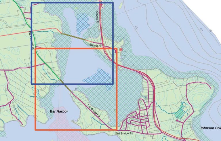 The map shows two possible routes for a new bridge linking Eastport (formerly Moose Island) to the mainland. The route shown in the blue box