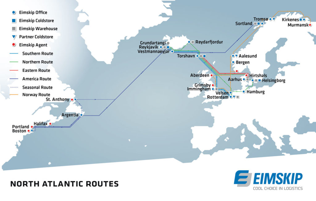A map showing the ports at which Eimskip calls.