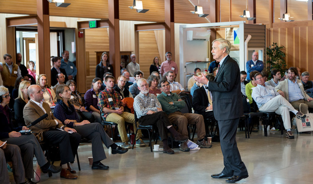 Sen. Angus King speaks at the Island Institute's energy conference in South Portland on Nov. 6.