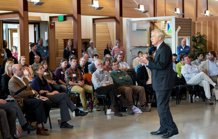 Sen. Angus King speaks at the Island Institute's energy conference in South Portland on Nov. 6.
