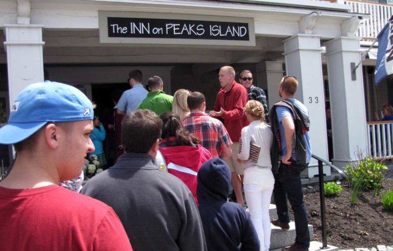 A line forms outside the Peaks Island Inn during Memorial Day Weekend 2014.