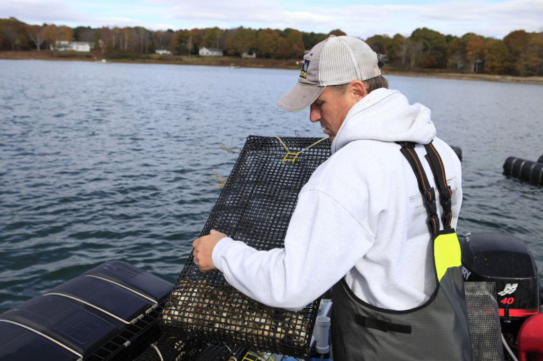 Chebeague fisherman and former ABD participant Jeff Putnam works on oyster cages. After going through the program in 2016