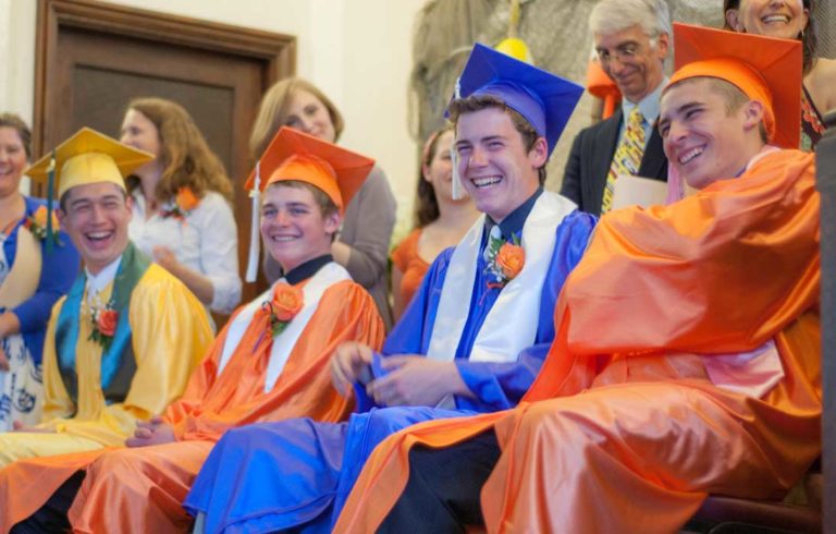 High school graduation on North Haven in 2014. The grads wore the colors that corresponded to the colors of their lobster buoys.